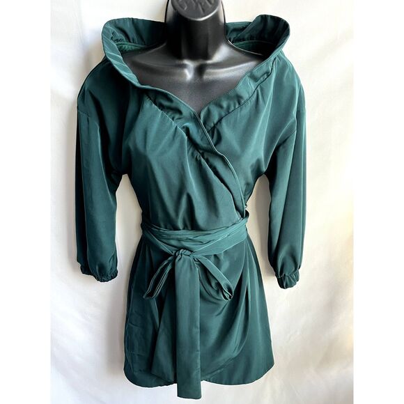 Lucy in the Sky Emerald Green Ruffle Trim Dress Size S Belted Romantic Cocktail - Picture 1 of 11